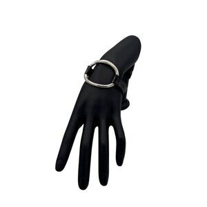 Silvery  Black Leather & Silver Tone Circle Snap Bracelet